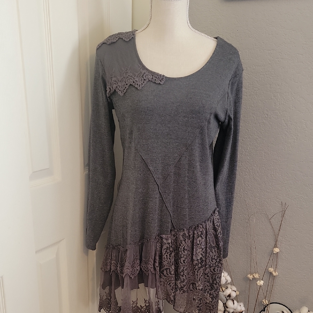 Indigo Soul Charcoal Knit Tunic With Lace
